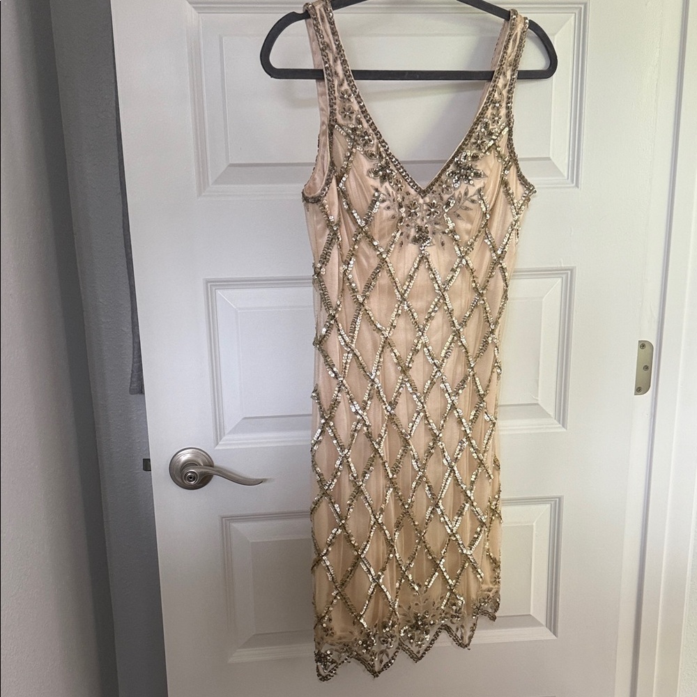 Sue Wong Champagne and Gold Beaded Mini Dress